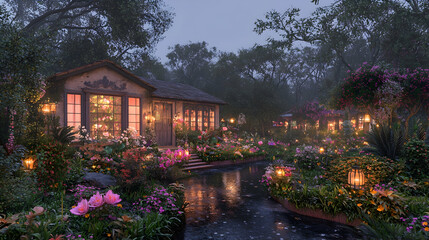 Obraz premium Enchanting cottage garden at twilight, misty forest background, peaceful scene, ideal for home decor