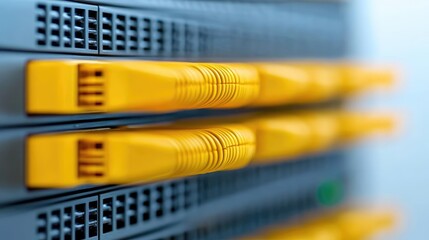Server rack with yellow cables.  Close-up view of network connections.  Possible use for IT and networking articles