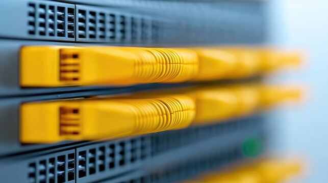 Server rack with yellow cables.  Close-up view of network connections.  Possible use for IT and networking articles