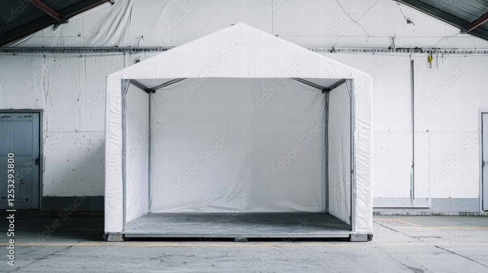 Poster minimalist shelter in warehouse: a minimalist structure stands stark against the backdrop of an empt