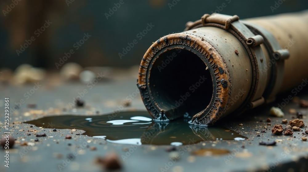 Poster rustic metallic pipe leaking dark viscous fluid onto a grunge surface with scattered debris