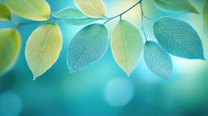 Spring leaves branch, bokeh background, nature, serenity, website banner