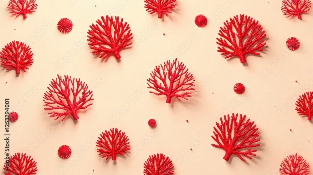 Poster red coral treetop pattern on pale background a decorative arrangement of miniature trees and circula