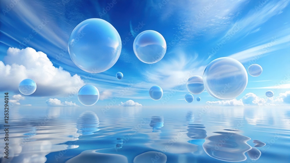 Canvas Prints serene spheres float above a tranquil ocean reflected in a calm sea under a blue sky with puffy whit