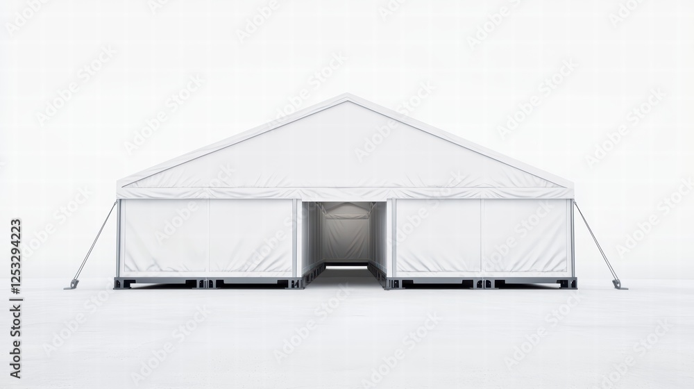 Poster temporary shelter: a clean, functional temporary shelter structure, presenting a versatile space for