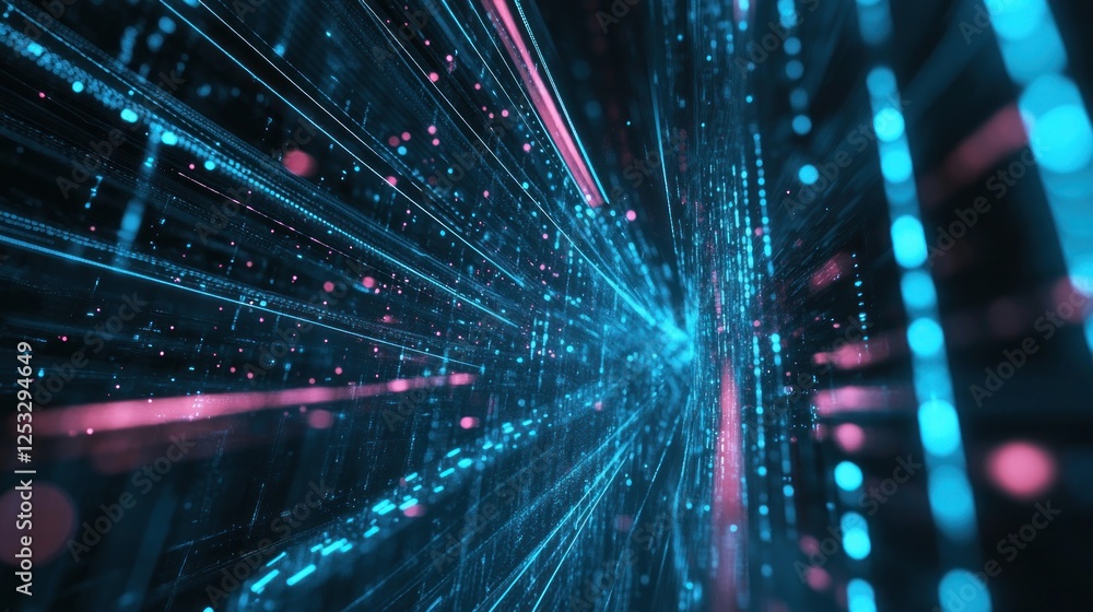 Poster abstract digital data stream with light rays and particles in dark space