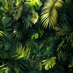 Lush Green Tropical Leaves and Ferns in Natural Sunlight