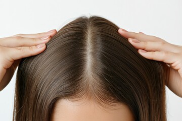 Fototapeta premium Close-Up of Hands and Smooth Straight Hair on Light Background