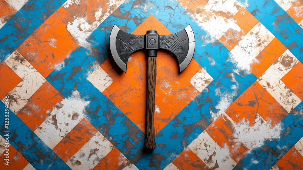 Poster large axe is prominently displayed against vibrant blue and orange patterned background, creating st