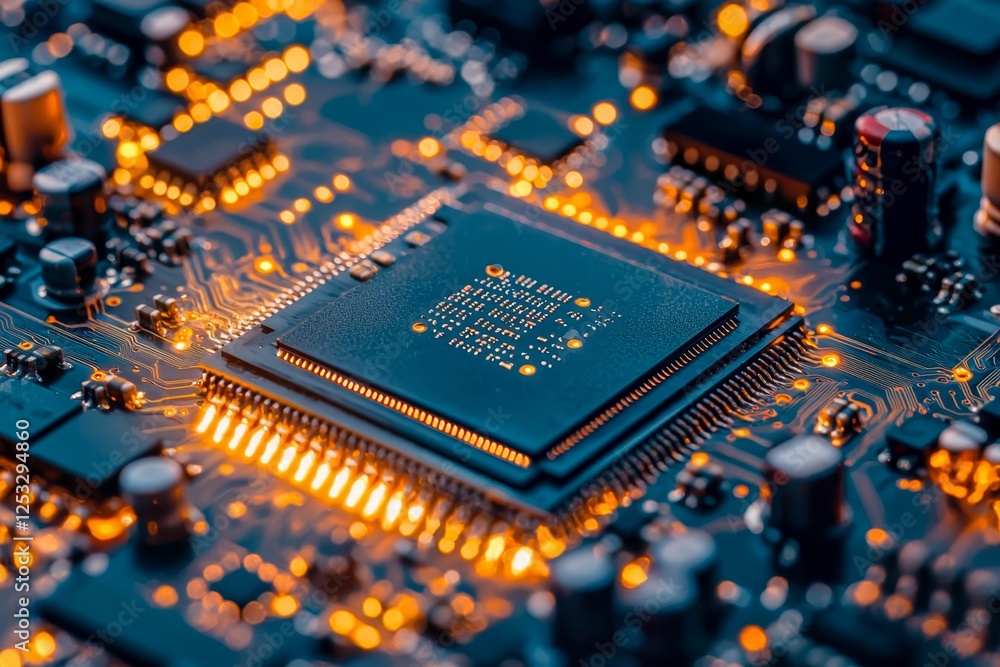 Poster printed circuit board with microchips and other components during production process. electronics ma