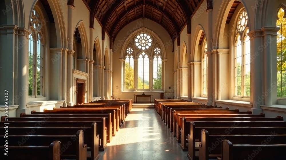 Poster Sunlit Sanctuary Rows of Wooden Pews in a Serene Chapel with Tall Windows and Gothic Architecture