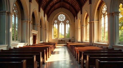 Fototapeta premium Sunlit Sanctuary Rows of Wooden Pews in a Serene Chapel with Tall Windows and Gothic Architecture