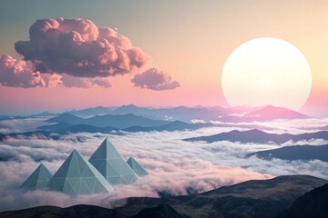 Surreal mountain landscape, pyramid shapes emerging from clouds, vibrant sunset sky, large glowing sun, pink fluffy clouds, misty valleys, dreamlike atmospher