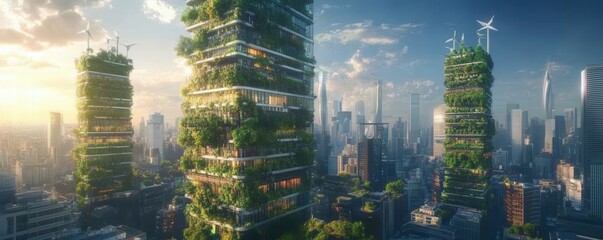 Naklejka premium Futuristic cityscape with green skyscrapers and wind turbines at sunrise