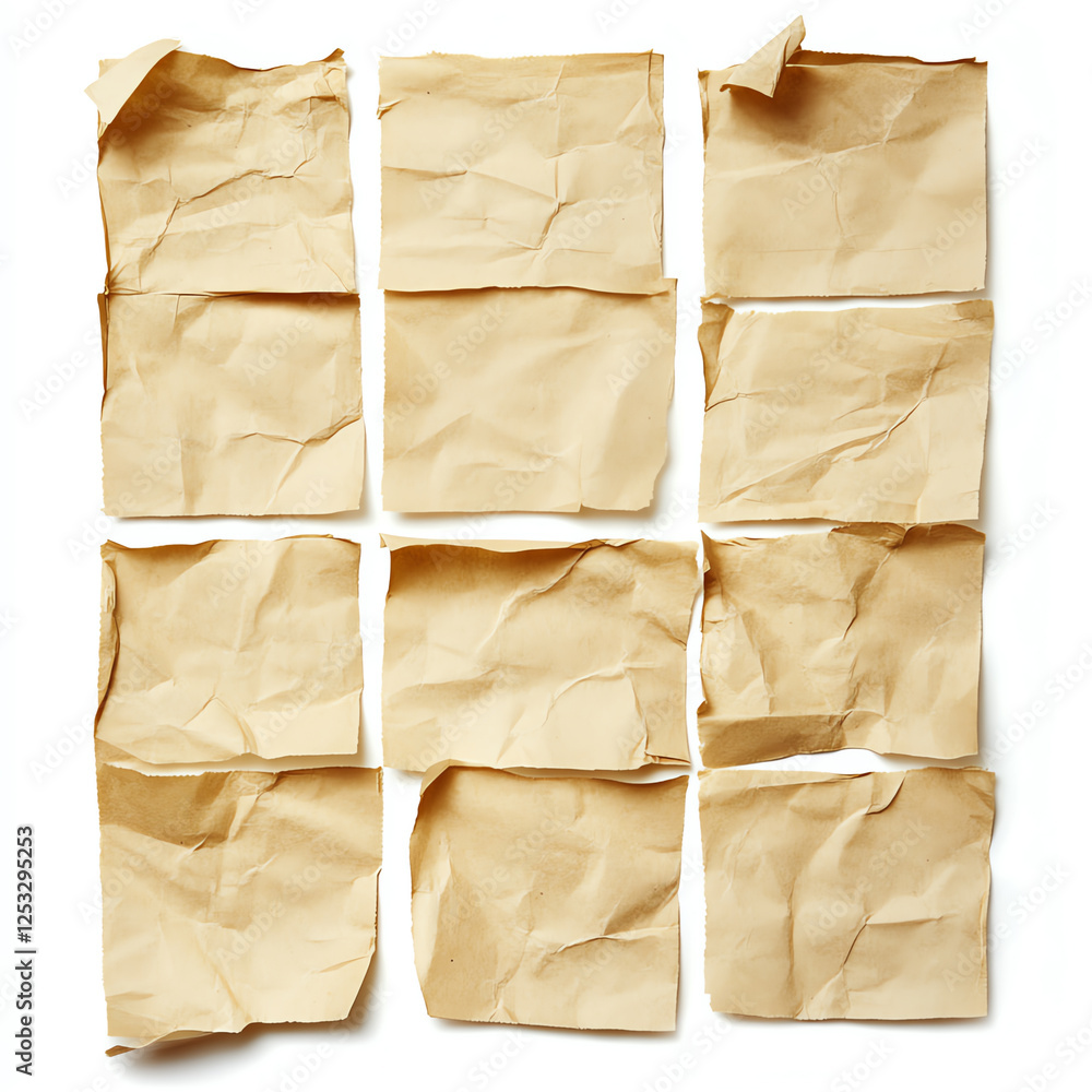 Poster a collection of crumpled paper sheets arranged in a grid, showcasing the texture and imperfections o