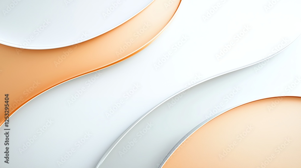 Poster abstract composition with smooth, flowing curves in soft orange and white tones, creating a serene v