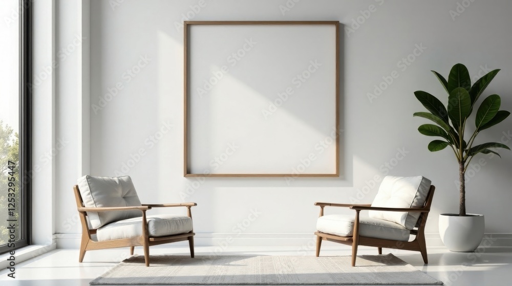 Poster Serene Minimalist Living Room with Light-Filled Design Featuring Two Armchairs and a Large Empty Frame