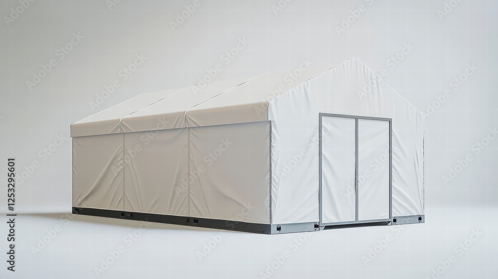 Poster temporary shelter structure: a minimalist, clean shot of a temporary shelter or tent, designed for p