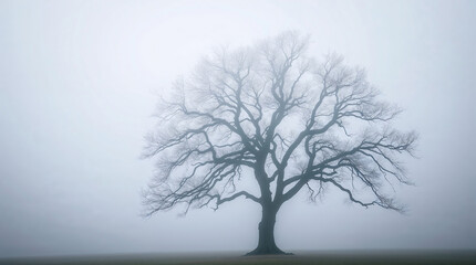 Obraz premium Bare tree standing in foggy landscape during winter
