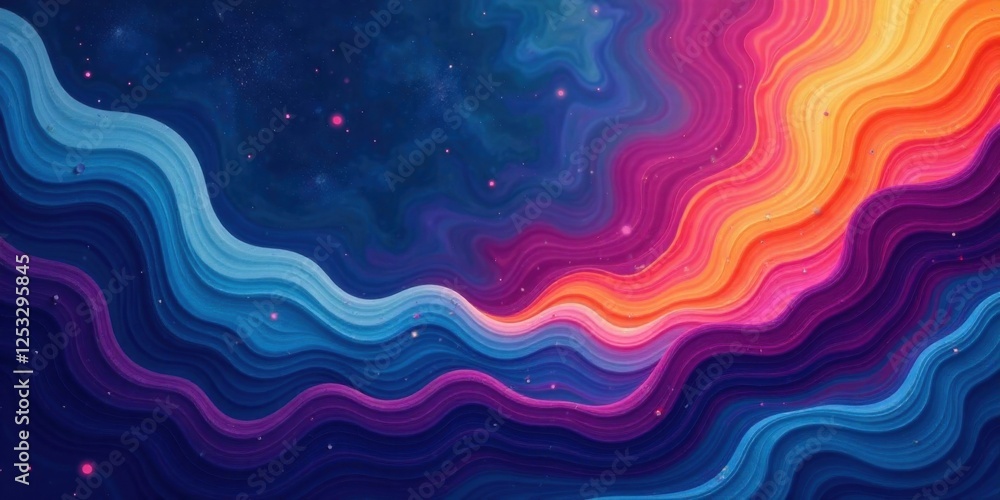 Poster Abstract Cosmic Waves A Vibrant Tapestry of Hues and Undulating Lines Across a Starry Background