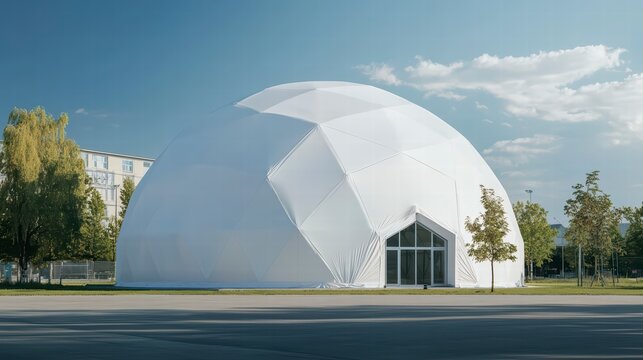 Architectural Marvel: A futuristic geodesic dome structure, standing proudly against a crisp blue sky, its unique design and geometric patterns captivate, showcasing modern architecture