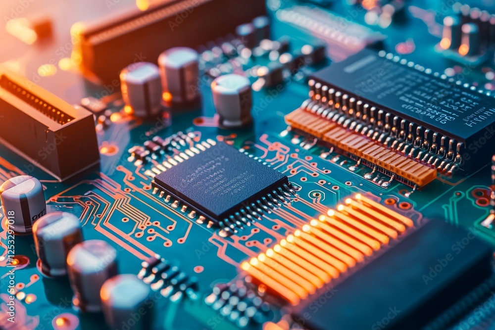 Poster printed circuit board with microchips and other components during production process. electronics ma