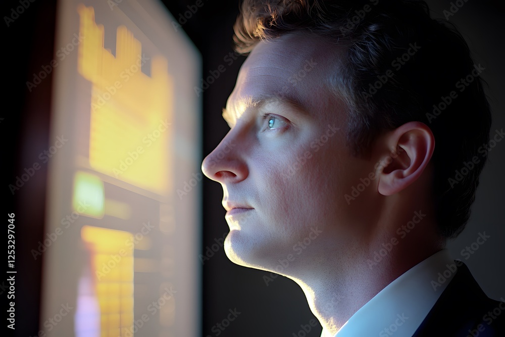 Poster thoughtful businessman analyzing digital data on display screen
