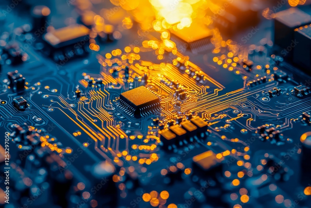 Poster printed circuit board with microchips and other components during production process. electronics ma