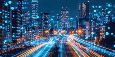 Neon-infused cityscape at night with futuristic light trails and glowing skyscrapers