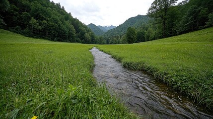 Serene creek flows through lush green meadow, mountain backdrop