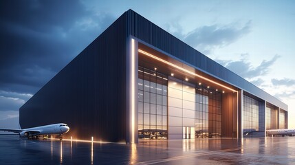 Modern Airplane Hangar at Twilight: A sleek, modern airplane hangar stands majestically at twilight, its dark exterior illuminated by warm, inviting lighting.