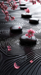 zen garden with smooth black stones and delicate pink cherry blossoms resting on intricately raked patterns blending natural serenity with a futuristic minimalistic design aesthetic