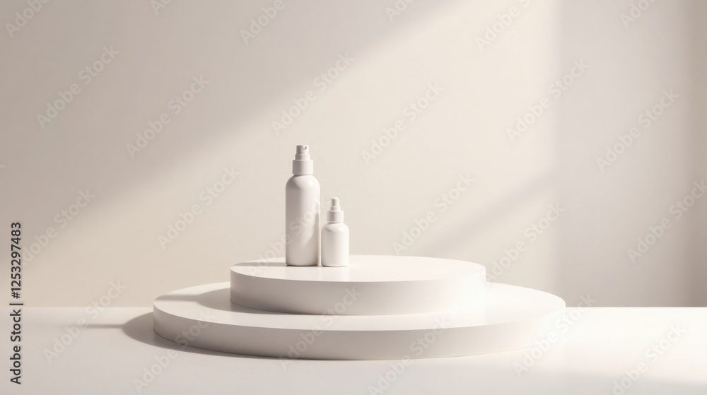 Fototapete minimalist product display two blank white bottles on circular platforms in soft light