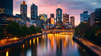 Obraz premium Bustling City Skyline Glowing with Lights and Reflective Waterfront at Dusk