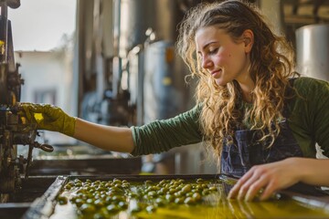 Skilled woman engaged in traditional olive oil production inspecting first pressing of olives and oil decanting.