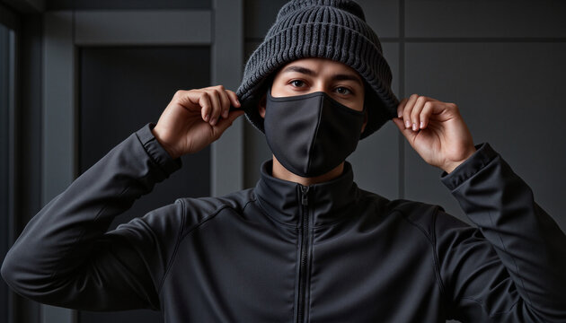 Mysterious young man in black techwear adjusting his tactical face mask, urban setting - Powered by Adobe