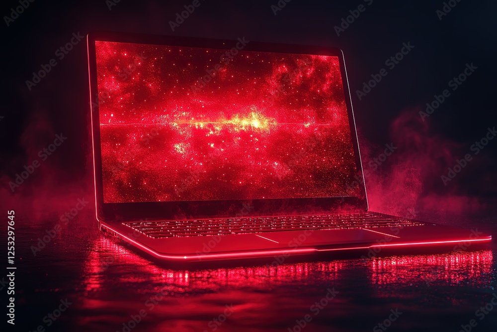Aufkleber laptop displaying a vivid red galaxy illuminated by neon outlines reflects on a dark wet surface cre