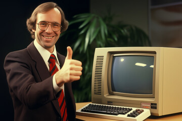 Cheerful Businessman Posing with Vintage Computer, Thumbs Up Gesture, Retro Office Setting, Professional Appearance
