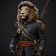 lion with soldier uniform and rifle stands confidently, showcasing blend of strength and authority. detailed attire includes red sash and emblem, adding to regal appearance