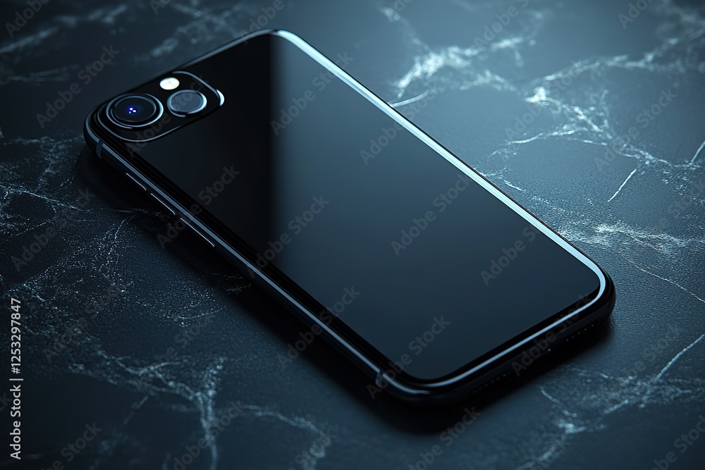 Aufkleber sleek mobile device with a dual-lens camera resting on a dark marble surface highlighting modern tec