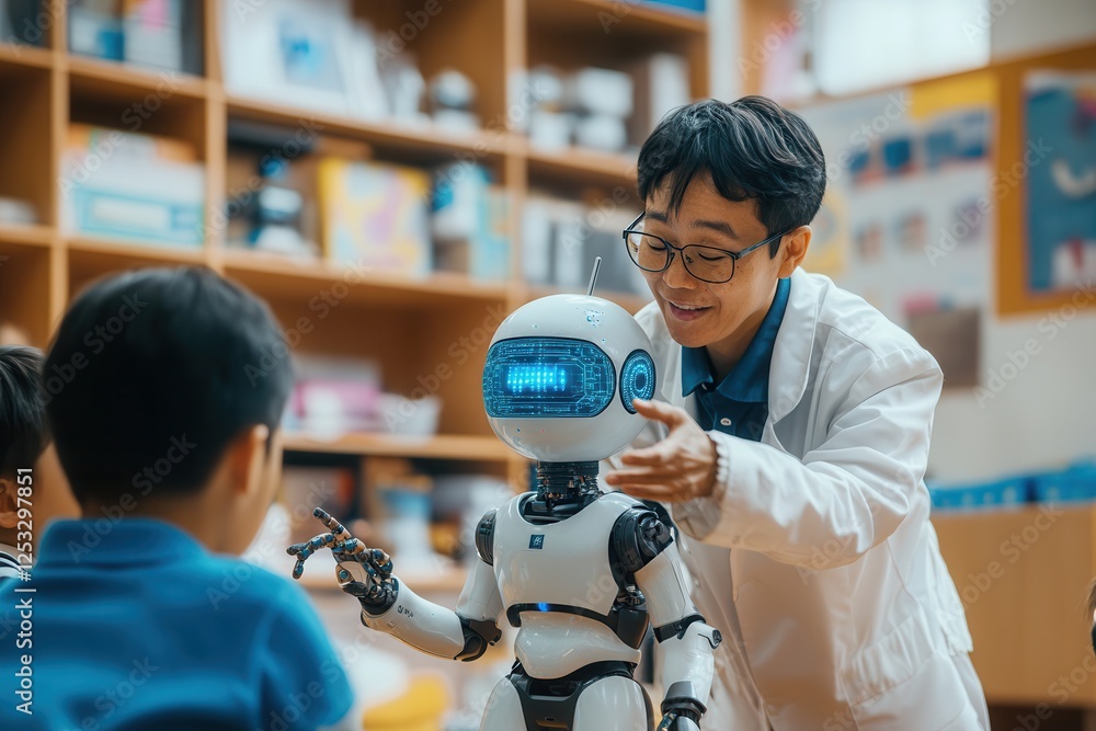 Poster robotics teacher explaining ai technology to students .