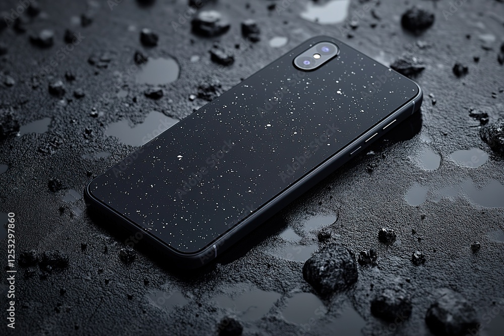 Poster sleek phone with a unique speckled case resting on a dark textured surface with scattered debris and
