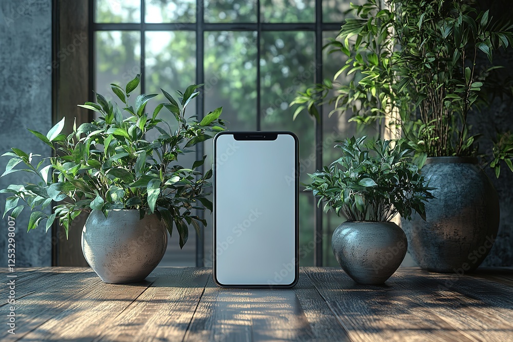 Poster mobile device mock-up with indoor plants and a window use this device in a natural green environment