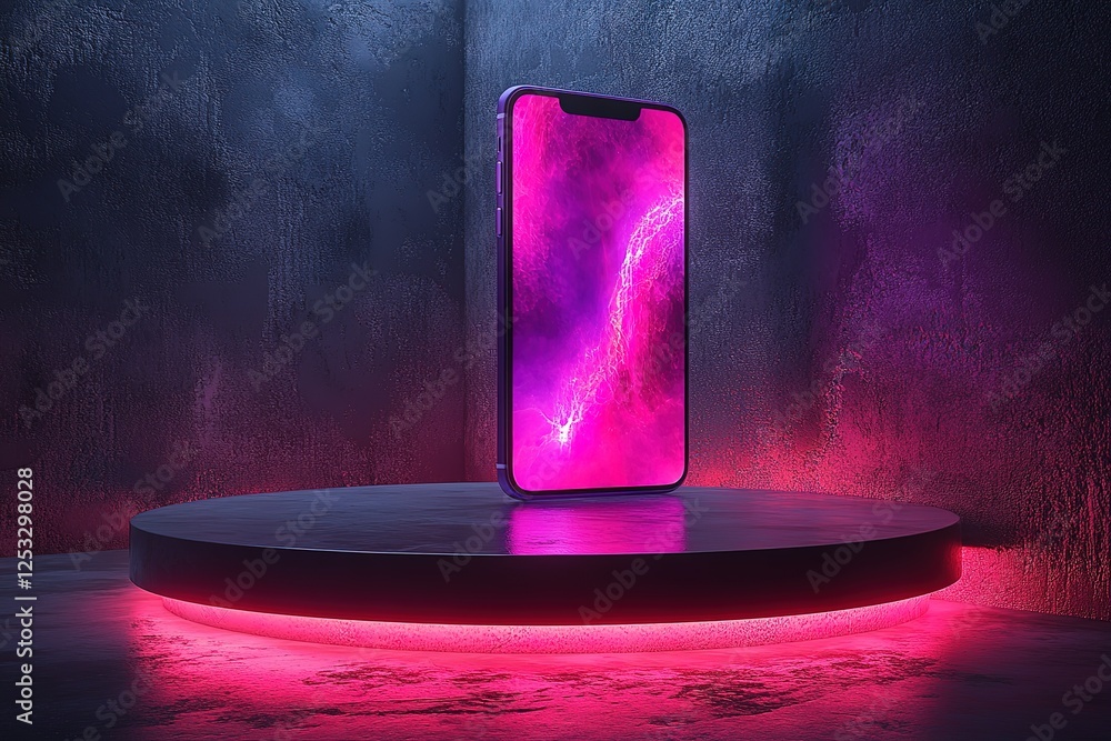 Poster modern phone on a pedestal with vibrant screen and neon glow captivating tech display in a minimalis