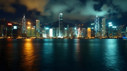 Fototapeta premium Illuminated Skyline of Hong Kong's Victoria Harbor at Nighttime