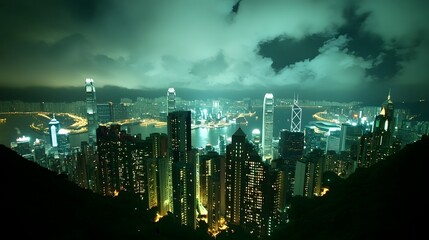 Obraz premium Illuminated Hong Kong Skyline Reflecting on Victoria Harbor at Night