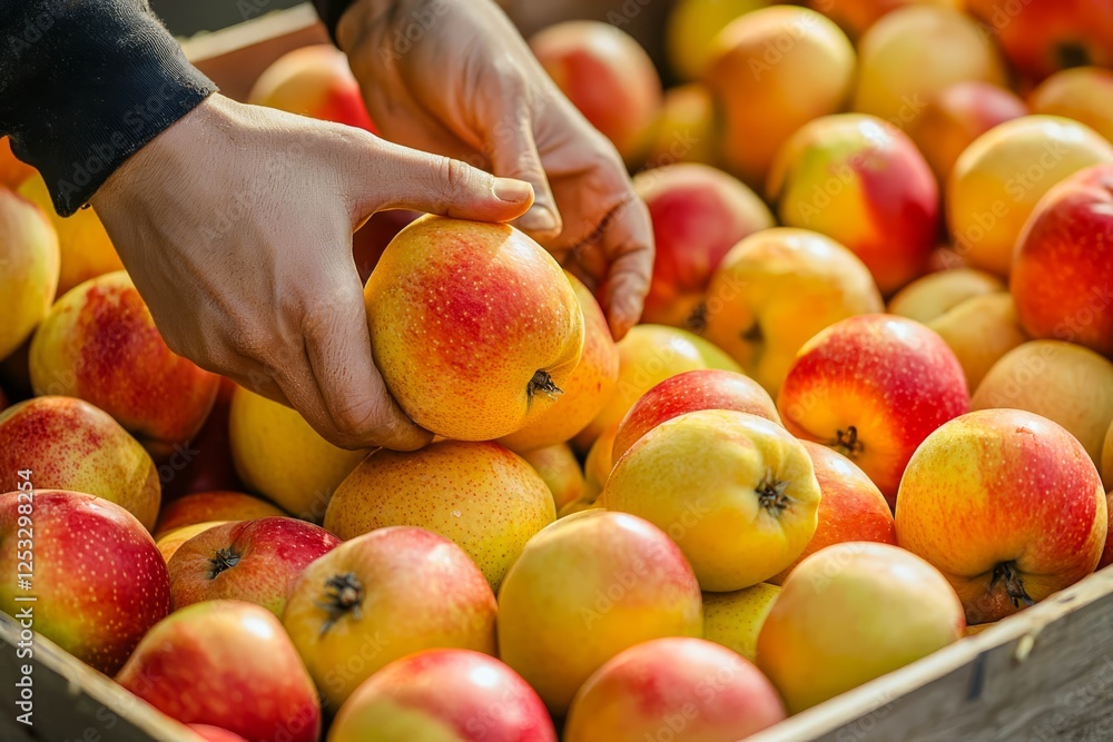 Aufkleber technologist in food processing factory controlling process of apple fruit selection and production.