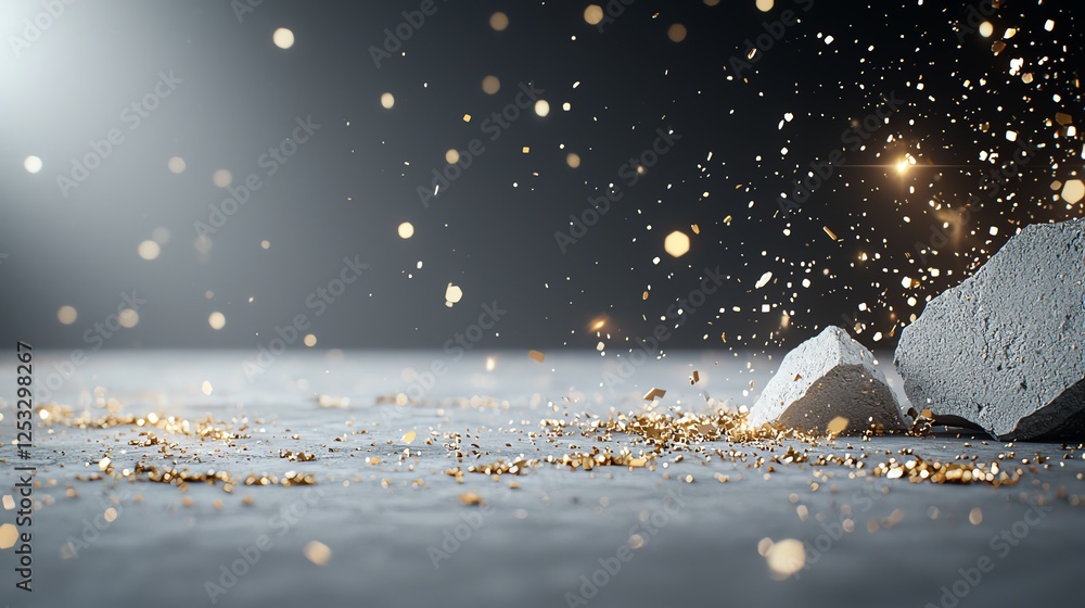 Poster abstract debris and golden sparks scatter across a dark background creating a dynamic and energetic 