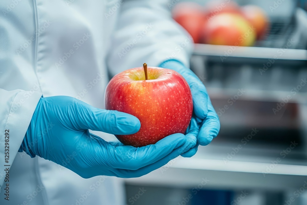 Aufkleber technologist in food processing factory controlling process of apple fruit selection and production.