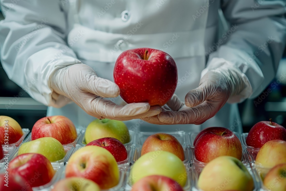 Aufkleber technologist in food processing factory controlling process of apple fruit selection and production.